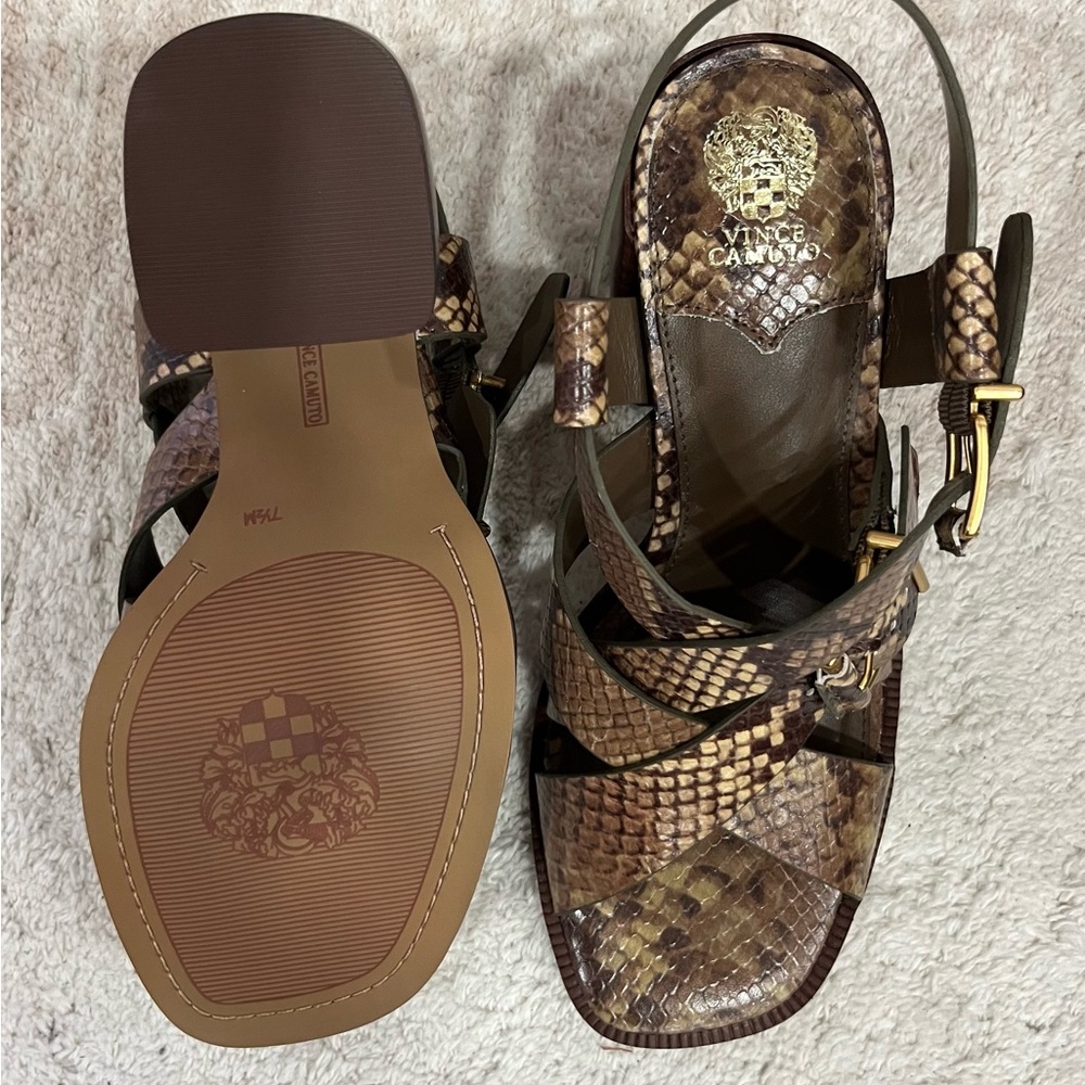 Vince Camuto Brown Snake-Print Buckle Block Heel Sandals - Picture 8 of 8